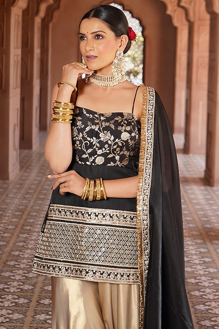 Gold Satin Party Wear Sharara Set by Monk & Mei at Pernia's Pop Up Shop