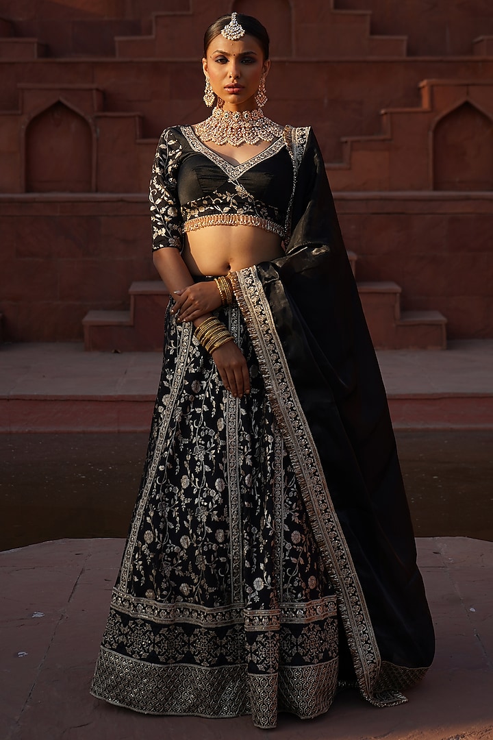Black & Gold Cotton Silk Brocade Embroidered Lehenga Set by Monk & Mei