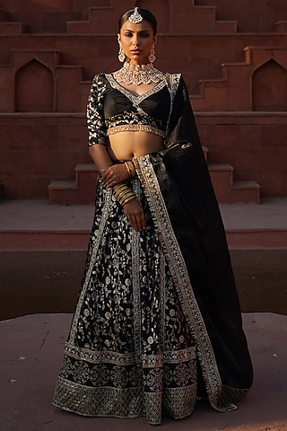 Black & Gold Cotton Silk Brocade Embroidered Lehenga Set by Monk & Mei