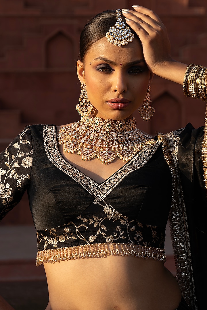 Black & Gold Cotton Silk Brocade Embroidered Wedding Lehenga Set by Monk & Mei at Pernia's Pop Up Shop