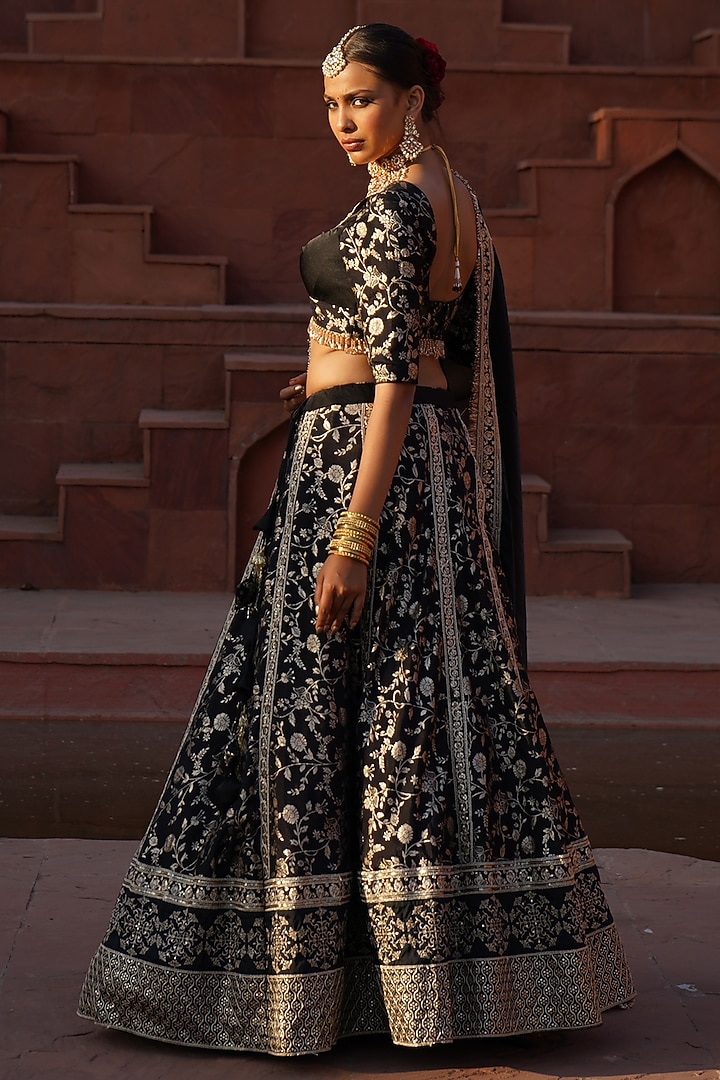 Black & Gold Cotton Silk Brocade Embroidered Wedding Lehenga Set by Monk & Mei at Pernia's Pop Up Shop