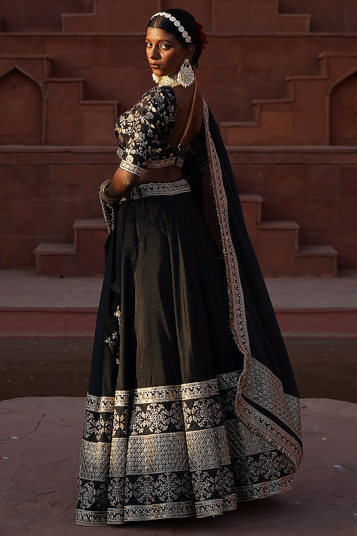 Black Cotton Silk Brocade & Bengaluru Zari Embroidered Wedding Lehenga Set by Monk & Mei at Pernia's Pop Up Shop