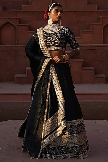 Black Cotton Silk Brocade & Bengaluru Zari Embroidered Wedding Lehenga Set by Monk & Mei at Pernia's Pop Up Shop