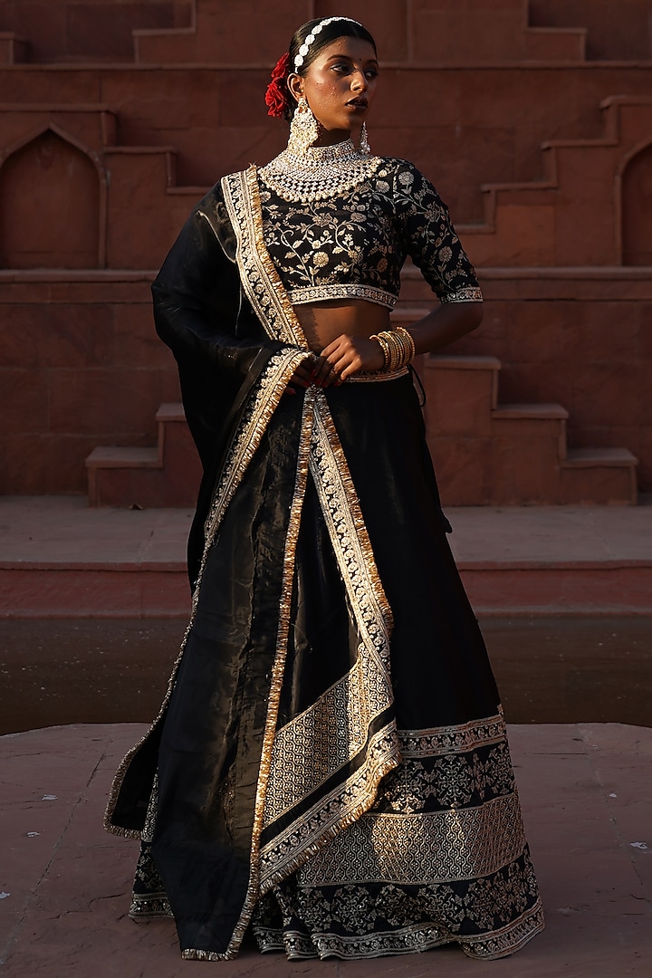 Black Cotton Silk Brocade & Bengaluru Zari Embroidered Lehenga Set by Monk & Mei