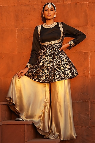 Gold Viscose Satin Sharara Set by Monk & Mei
