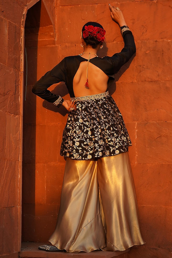 Gold Viscose Satin Sharara Set by Monk & Mei at Pernia's Pop Up Shop