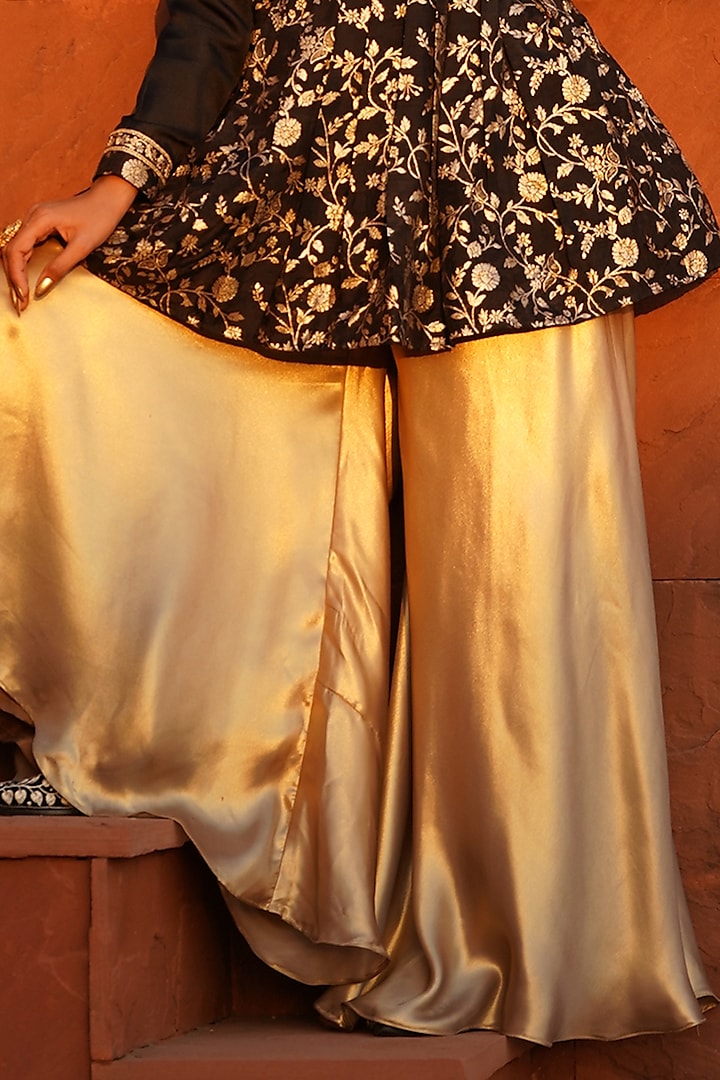 Gold Viscose Satin Sharara Set by Monk & Mei at Pernia's Pop Up Shop