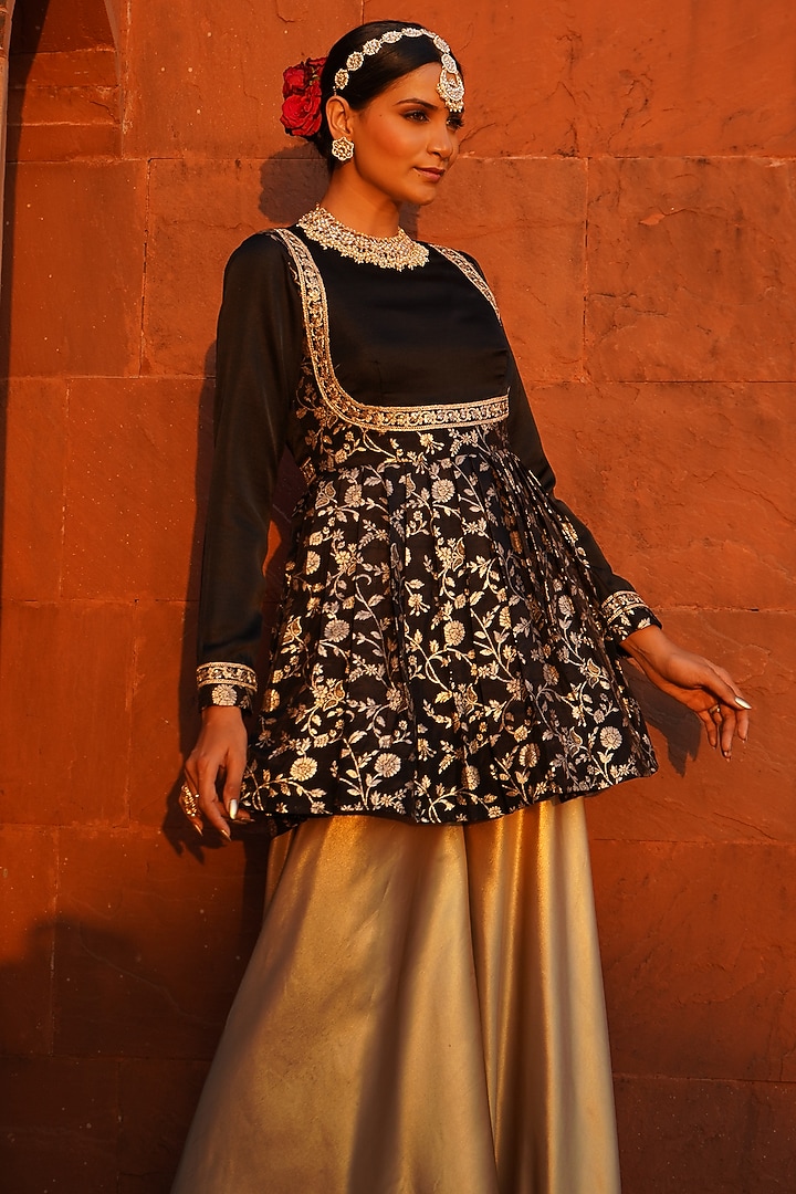Gold Viscose Satin Sharara Set by Monk & Mei at Pernia's Pop Up Shop