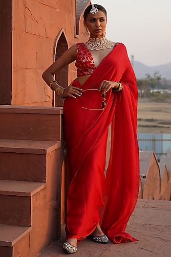 Crimson Red Satin Georgette Pre-Draped Festive Saree Set by Monk & Mei at Pernia's Pop Up Shop