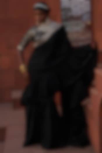Black Satin Georgette Pre-Draped Saree Set by Monk & Mei