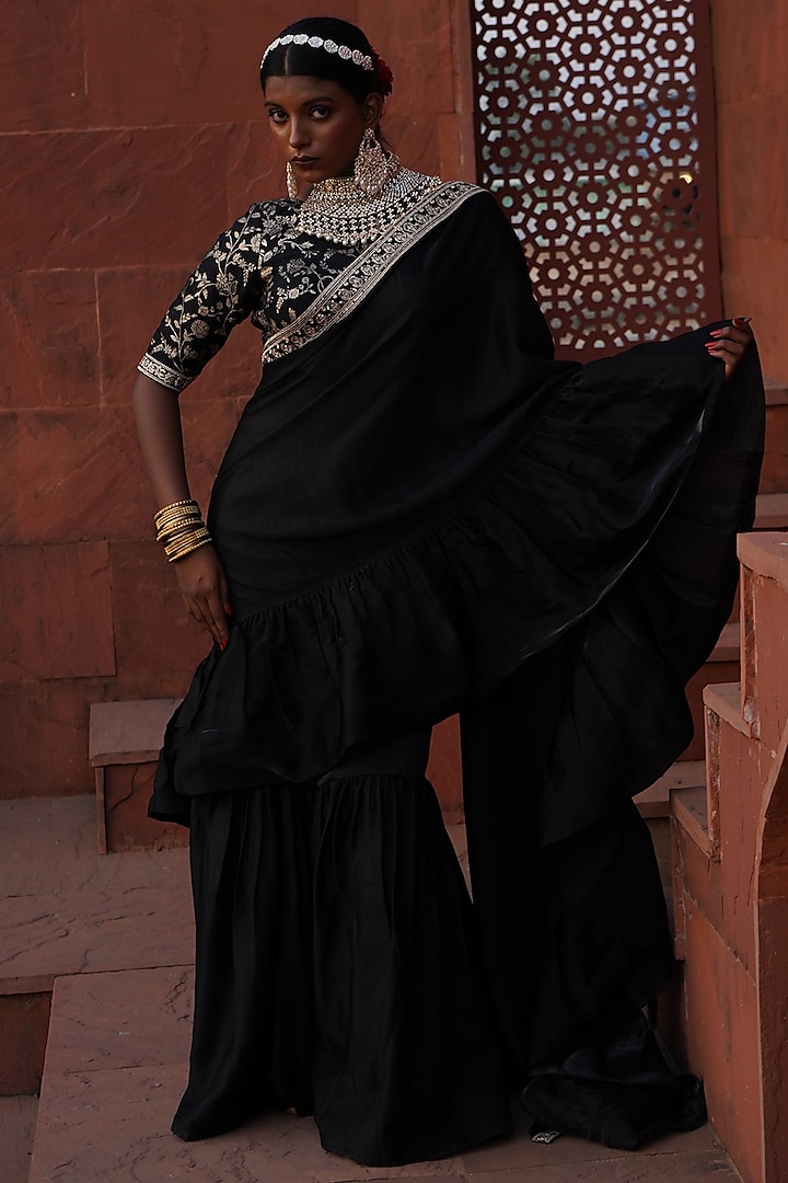Black Satin Georgette Pre-Draped Saree Set by Monk & Mei