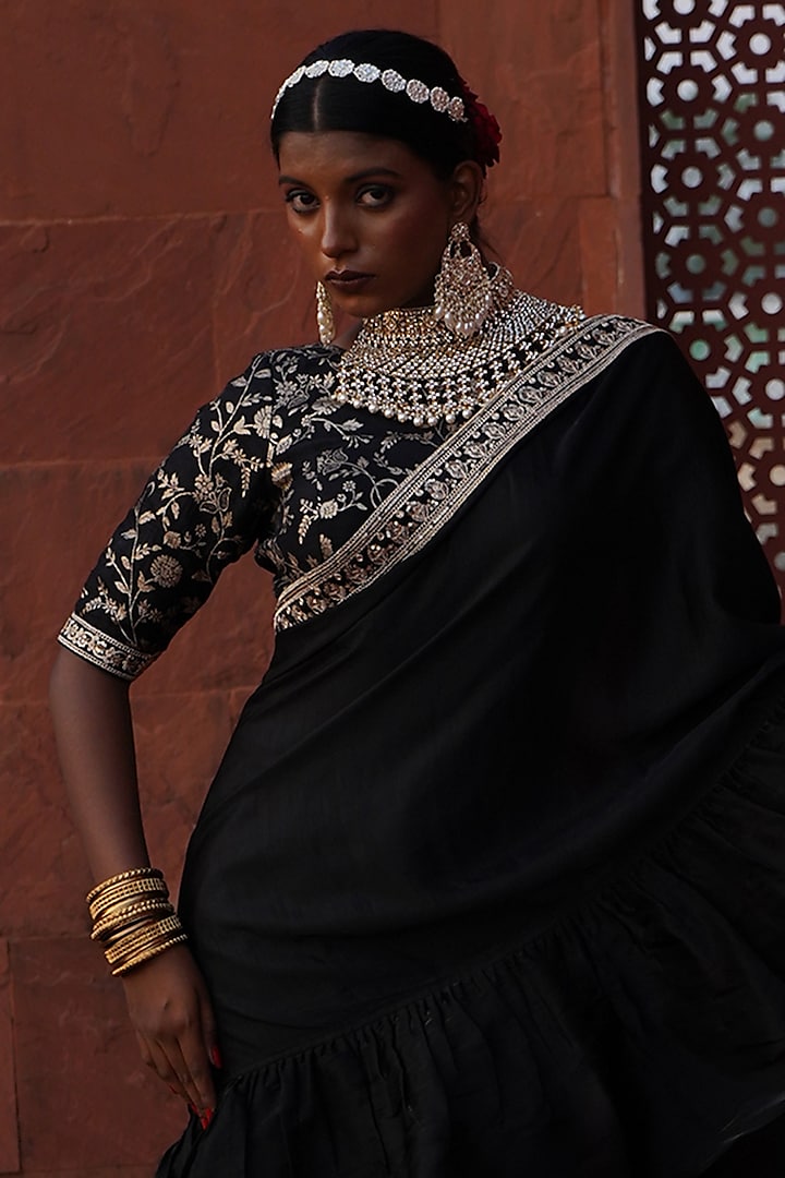 Black Satin Georgette Pre-Draped Party Wear Saree Set by Monk & Mei at Pernia's Pop Up Shop