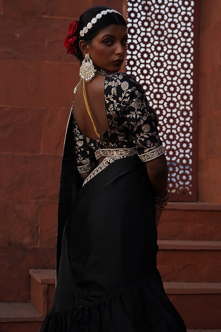 Black Satin Georgette Pre-Draped Party Wear Saree Set by Monk & Mei at Pernia's Pop Up Shop