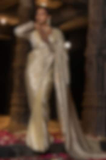 Golden Banarasi Silk Tissue Blend Pre-Draped Skirt Party Wear Saree Set by Monk & Mei at Pernia's Pop Up Shop