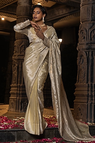 Golden Banarasi Silk Tissue Blend Pre-Draped Skirt Saree Set by Monk & Mei