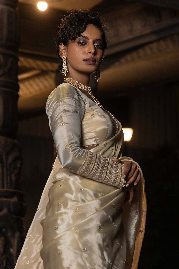 Golden Banarasi Silk Tissue Blend Pre-Draped Skirt Party Wear Saree Set by Monk & Mei at Pernia's Pop Up Shop