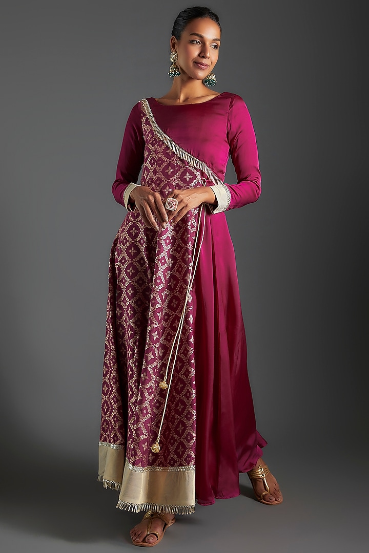 Purple Brocade & Satin Angrakha Anarkali by Monk & Mei at Pernia's Pop Up Shop