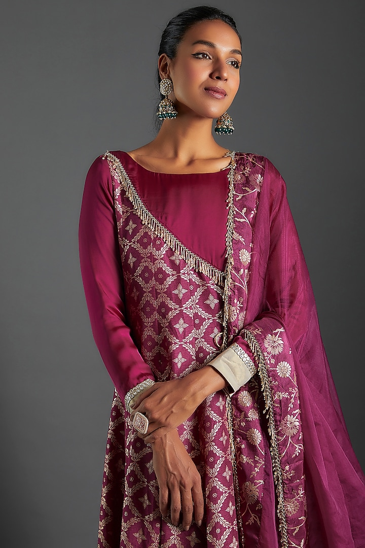 Purple Brocade & Satin Angrakha Anarkali by Monk & Mei at Pernia's Pop Up Shop