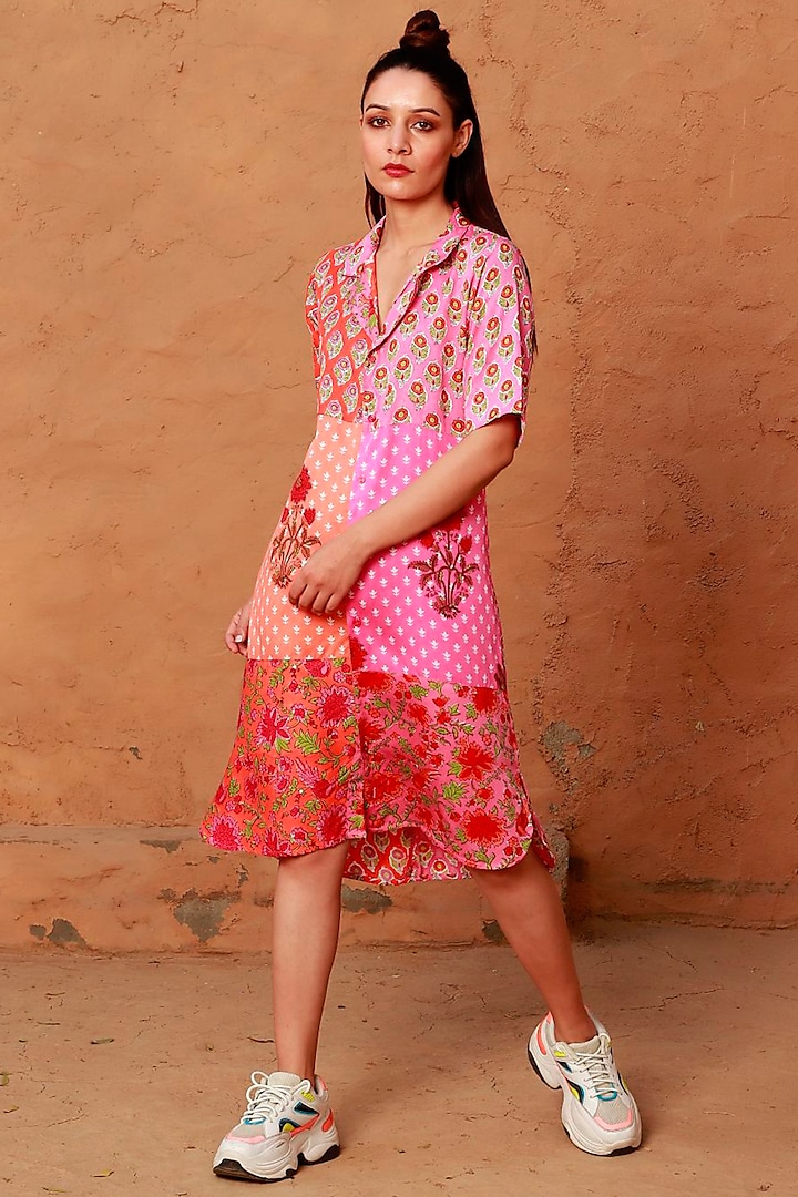 Orange & Pink Block Printed Dress by Monk & Mei