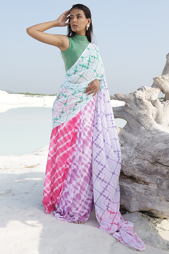 Multi-Colored Lurex Georgette Tie-Dye Printed Saree Set by Monk & Mei
