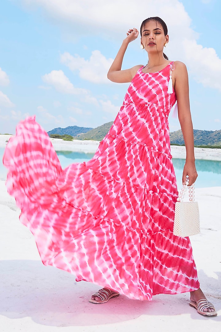 Blush Pink Leheriya Printed Maxi Summer Dress by Monk & Mei at Pernia's Pop Up Shop