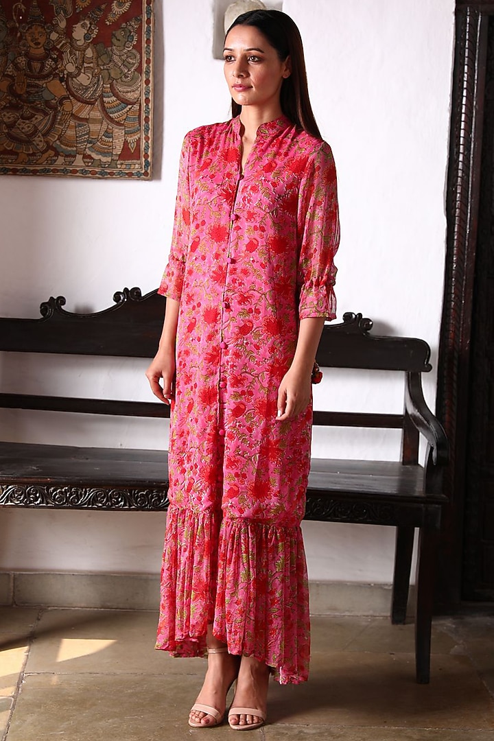 Pink Georgette Long Summer Dress by Monk & Mei at Pernia's Pop Up Shop