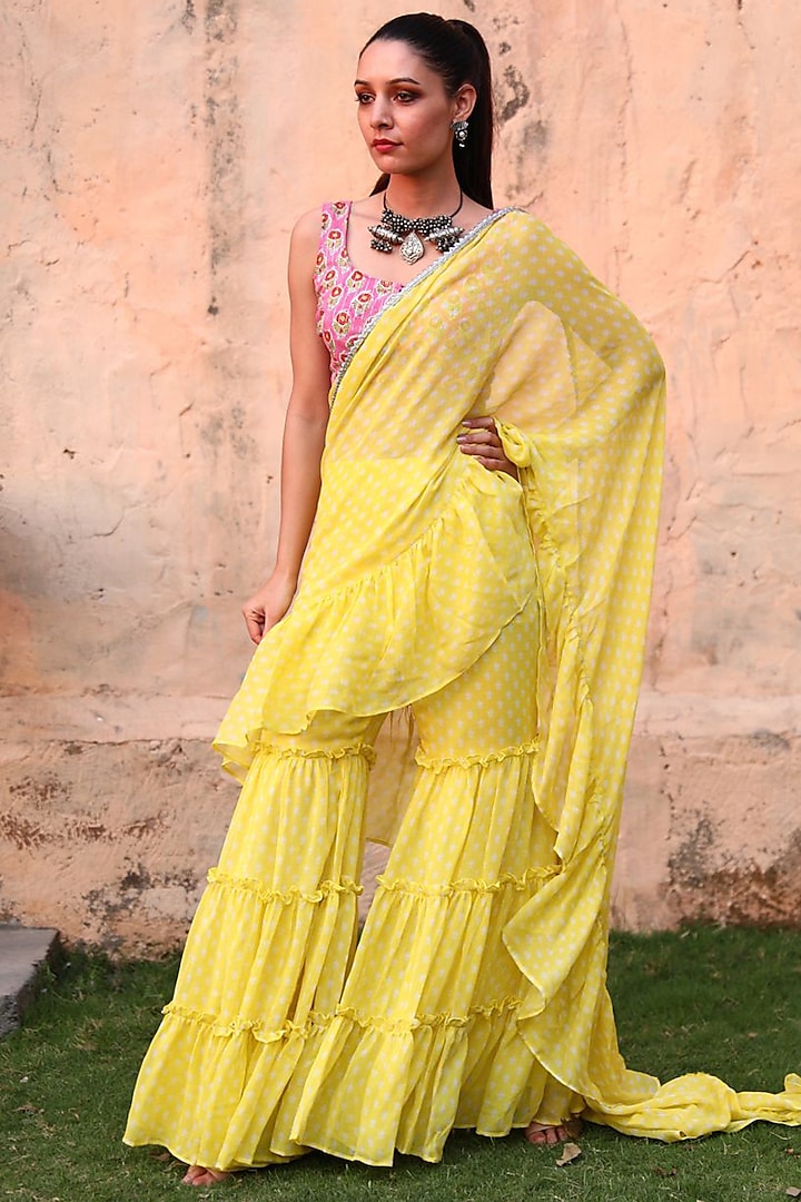Yellow Georgette Sharara Pant Saree Set by Monk & Mei