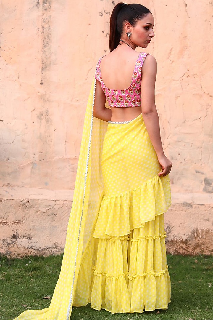 Yellow Georgette Sharara Pant Party Wear Saree Set by Monk & Mei at Pernia's Pop Up Shop