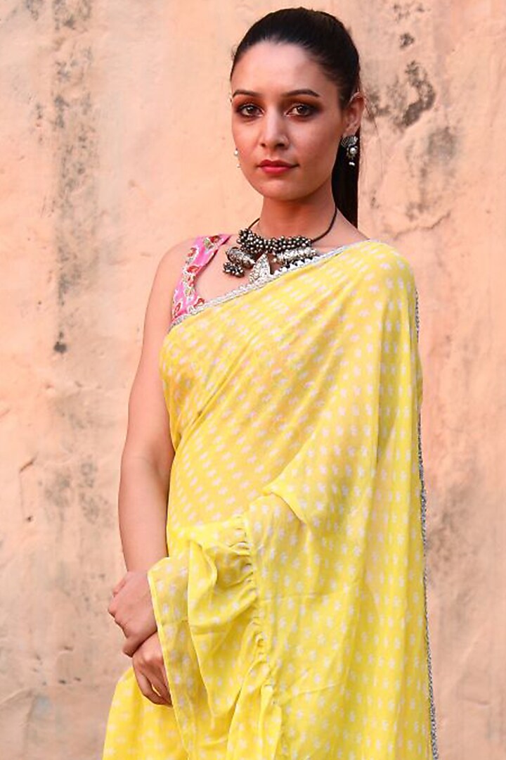 Yellow Georgette Sharara Pant Party Wear Saree Set by Monk & Mei at Pernia's Pop Up Shop