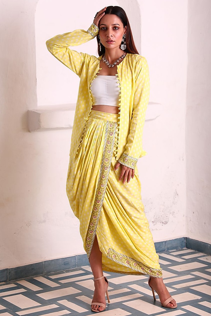 Yellow Hand Block Printed Dhoti Skirt by Monk & Mei