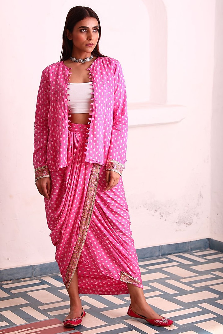 Pink Hand Block Printed Dhoti Skirt by Monk & Mei