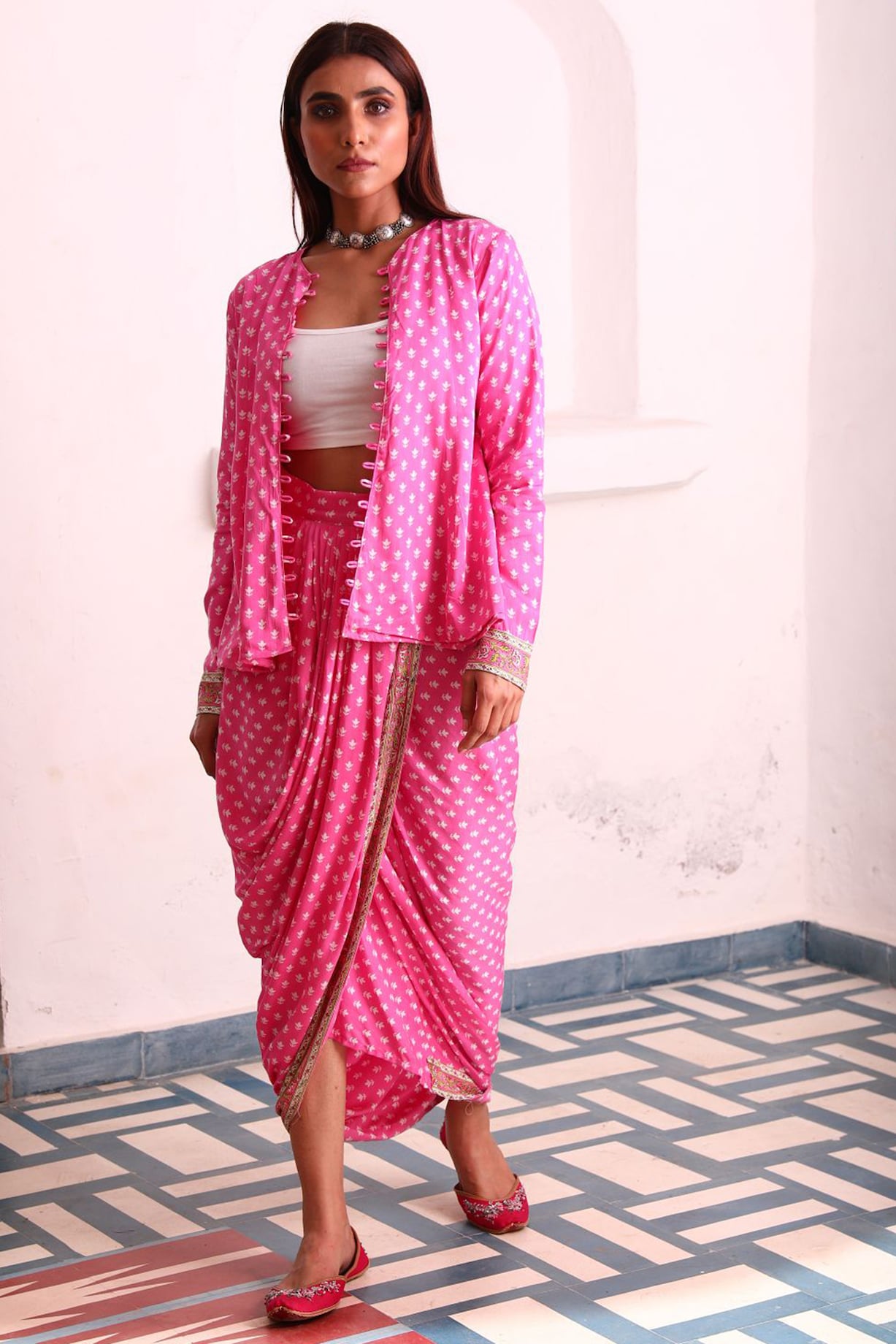 Block Printed Skirt Pants With Saree Top