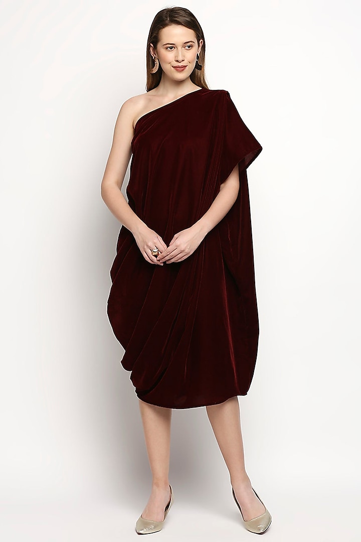 Maroon Velvet Cowl Dress by Monk & Mei