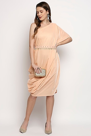 Peach Velvet Cowl Dress With Belt by Monk & Mei