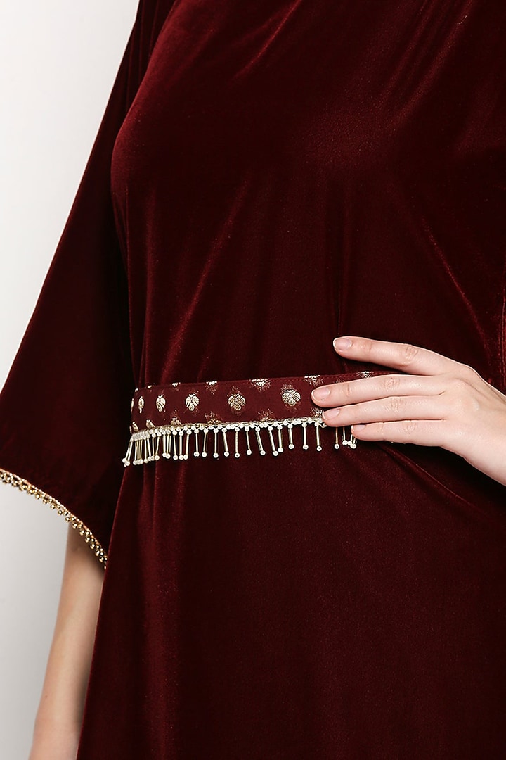 Maroon Velvet Cowl Summer Dress With Belt by Monk & Mei at Pernia's Pop Up Shop
