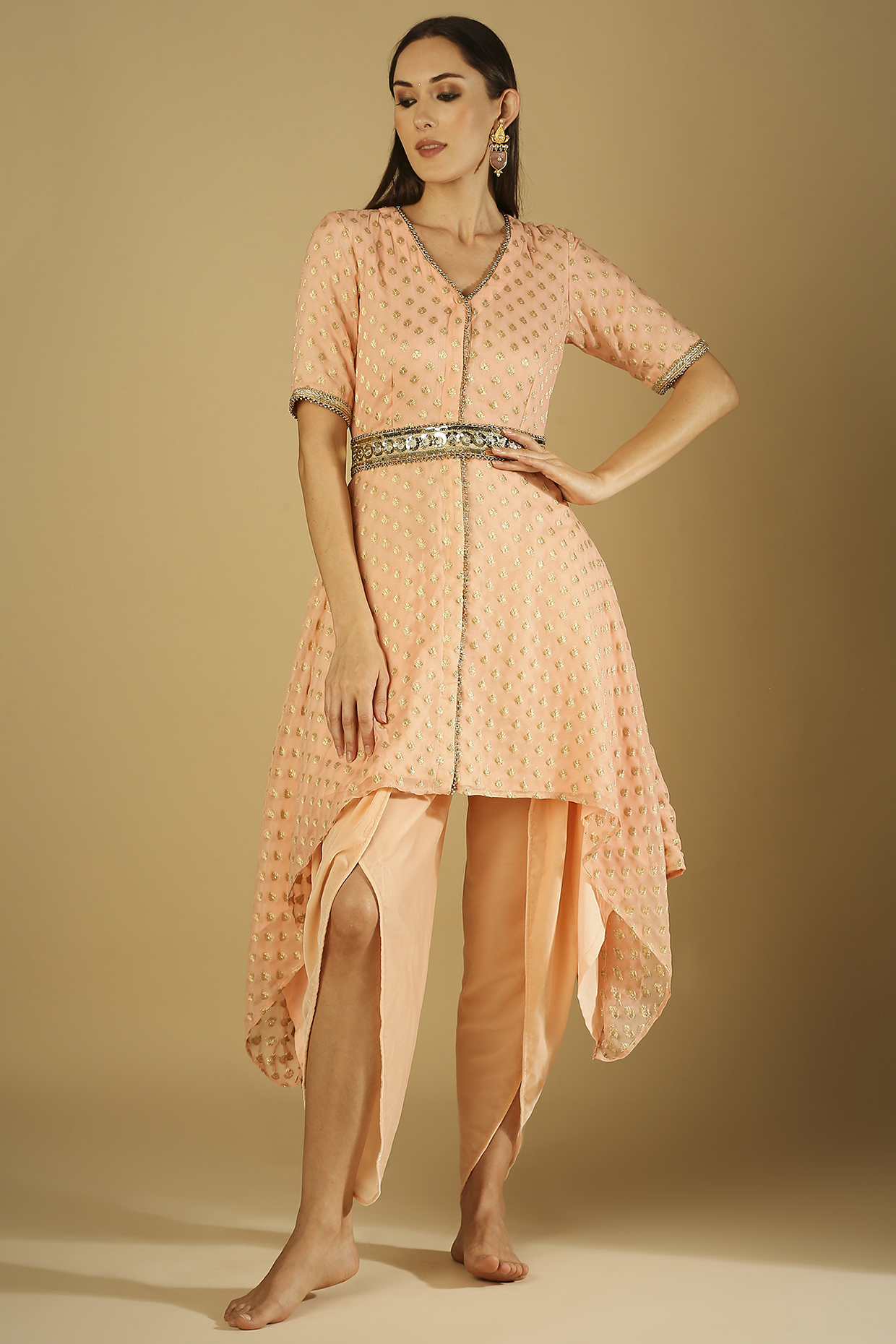 Peach Georgette Dhoti Set With Belt by Monk & Mei at Pernia's Pop Up Shop