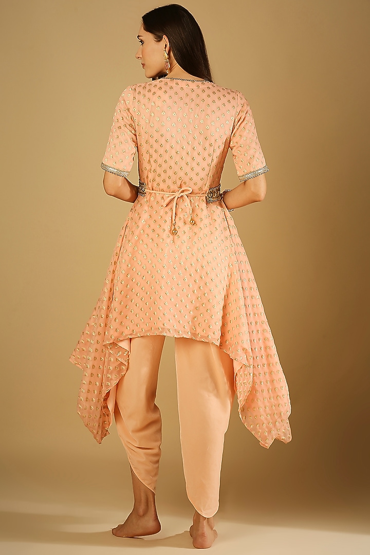 Peach Georgette Dhoti Set With Belt by Monk & Mei at Pernia's Pop Up Shop