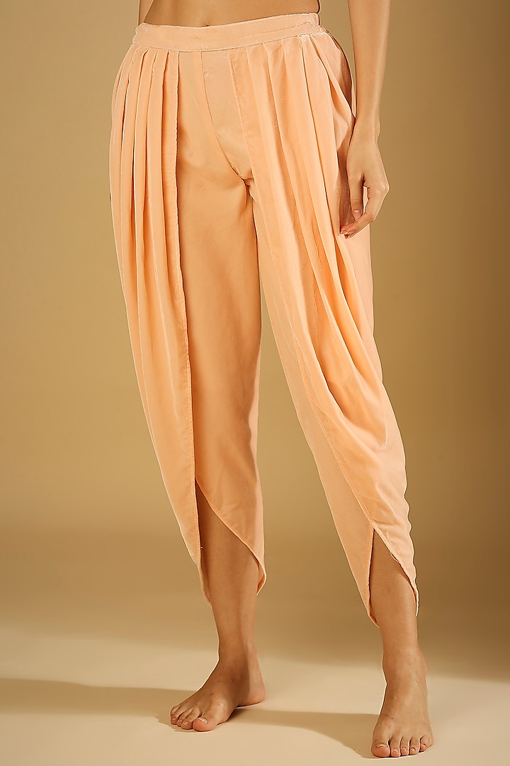 Peach Velvet Pre-Stitched Dhoti by Monk & Mei