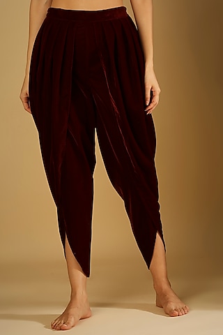 Maroon Velvet Pre-Stitched Dhoti by Monk & Mei