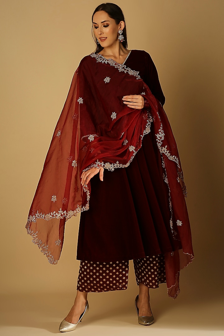 Maroon Embroidered Dupatta by Monk & Mei