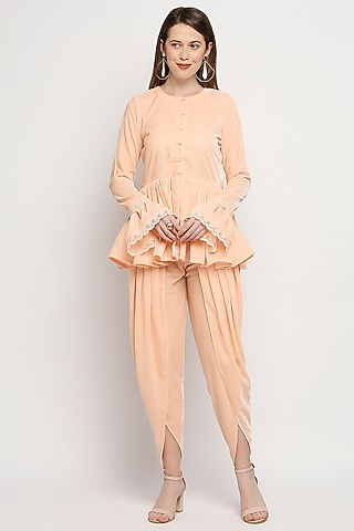 Peach Velvet Dhoti Set by Monk & Mei