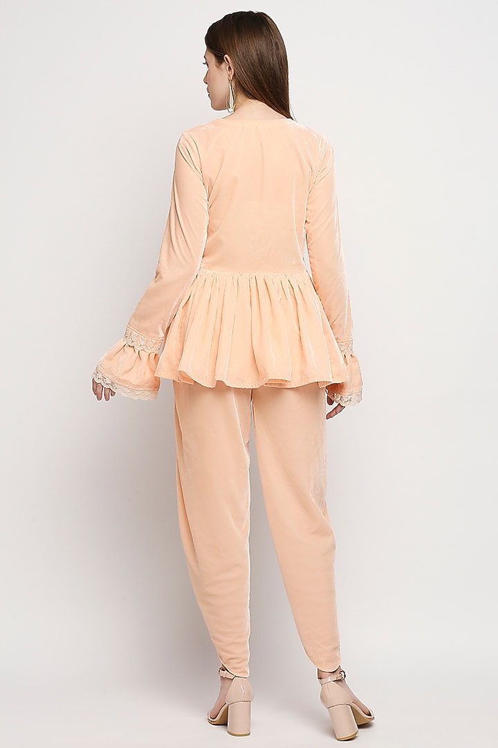 Peach Velvet Dhoti Set by Monk & Mei at Pernia's Pop Up Shop
