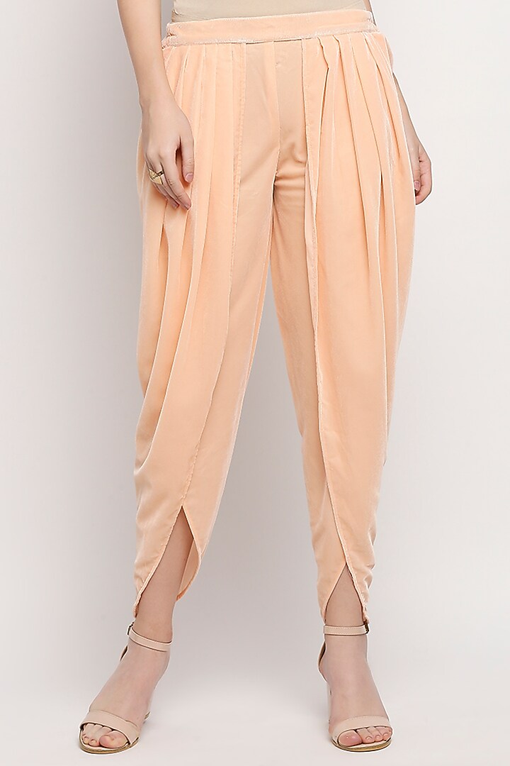 Peach Velvet Dhoti Set by Monk & Mei at Pernia's Pop Up Shop
