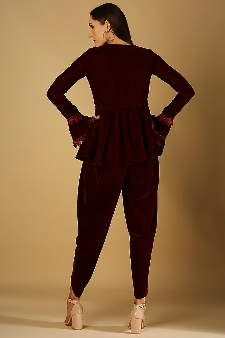 Maroon Velvet Dhoti Set by Monk & Mei at Pernia's Pop Up Shop