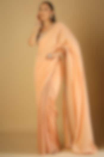 Peach Velvet Pre-Stiched Festive Saree Set by Monk & Mei at Pernia's Pop Up Shop
