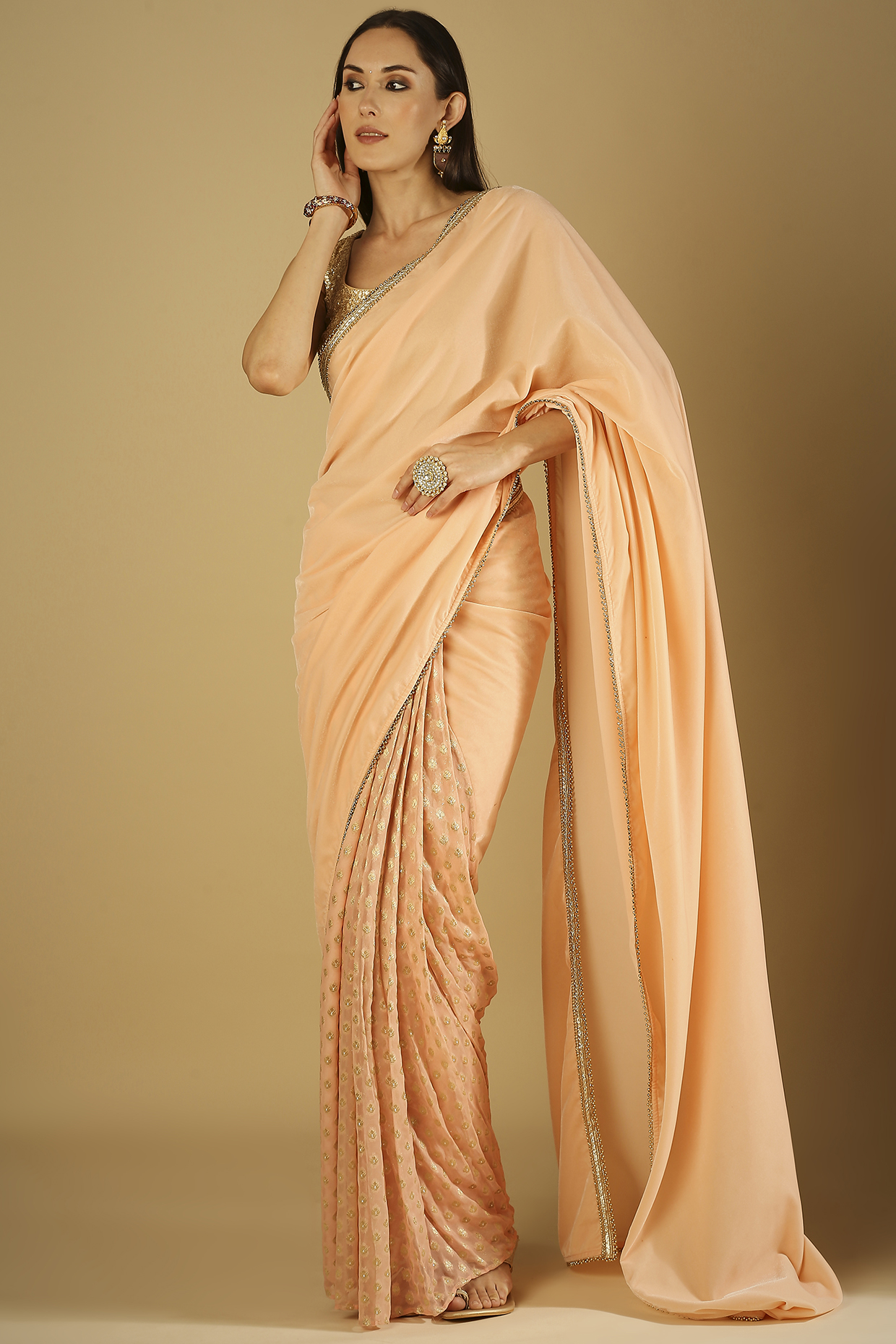 Peach Velvet Pre-Stiched Saree Set by Monk & Mei