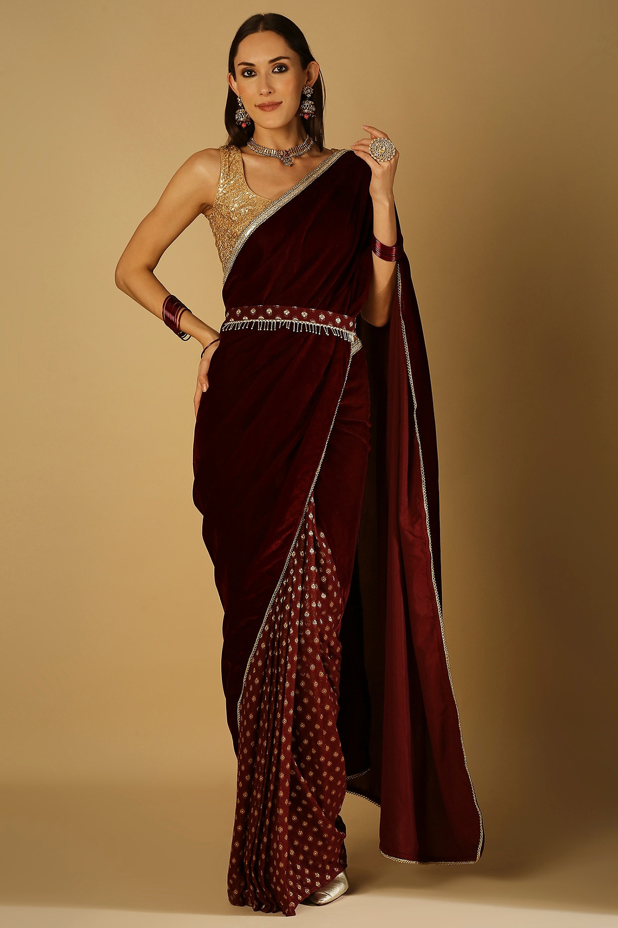 BROWN VELVET SAREE WITH BROCADE BANARASI BORDER – Boveee