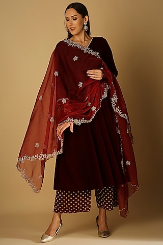 Maroon Velvet A-line Kurta Set by Monk & Mei