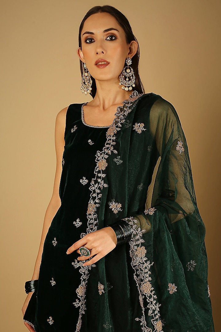 Emerald Green Georgette Brocade Sharara Set by Monk & Mei at Pernia's Pop Up Shop