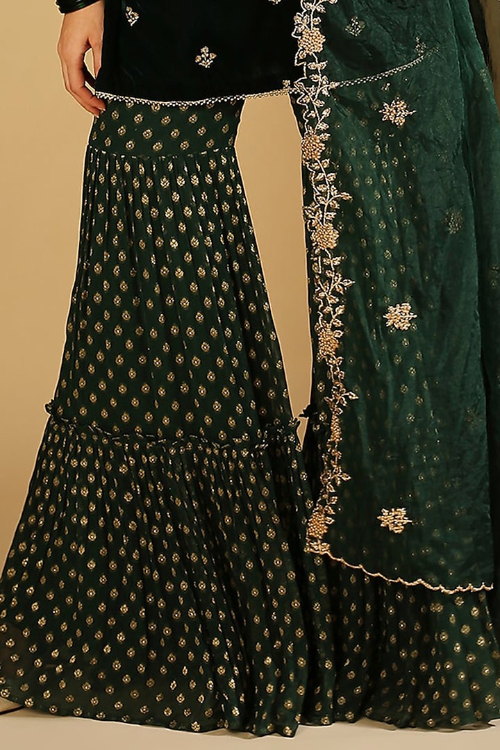 Emerald Green Georgette Brocade Sharara Set by Monk & Mei at Pernia's Pop Up Shop